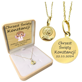 Złoty Medalik 585 Matka Boska z Grawerem – Łańcuszek Ankier w Pudełku z Personalizacją