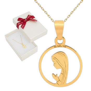 Złoty Medalik z Matką Boską Fatimską w okręgu z Łańcuszkiem Ankier próby 585 – Prezent na Chrzest, Komunię i Bierzmowanie