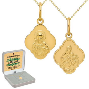 Złoty medalik Szkaplerz 585 z łańcuszkiem ankier diamentowany w szarym pudełku z dedykacją