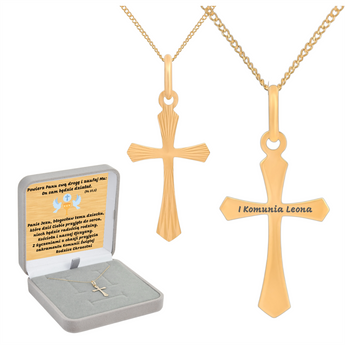 Krzyżyk z łańcuszkiem złoty pr. 585 w pudełku welurowym z dedykacją