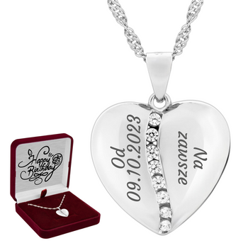 Romantyczny naszyjnik serce srebrne z cyrkoniami, grawer i dedykacja na tabliczce