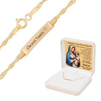 Dziecięca złota bransoletka 585 z grawerem 16 cm 1,2 g w kremowym pudełku welurowym z dedykacją