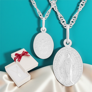 Prezent religijny: medalik srebrny z Maryją + łańcuszek Singapur + pudełko