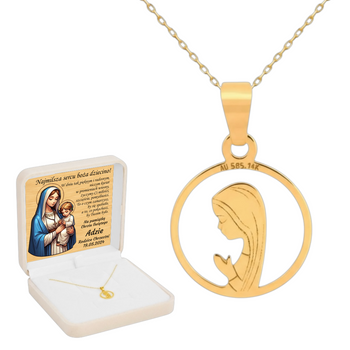 Złoty Medalik 585 z Matką Boską Fatimską w Okręgu – Łańcuszek Ankier w Pudełku z Dedykacją