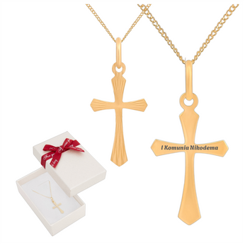 Zestaw złoty pr. 585 – łańcuszek cienka pancerka 50 cm i krzyżyk z grawerem w pudełku