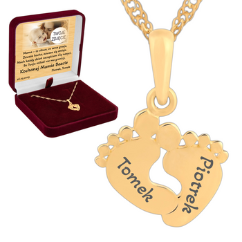 Złoty naszyjnik stópki 585 – prezent dla młodej mamy w pudełku z dedykacją